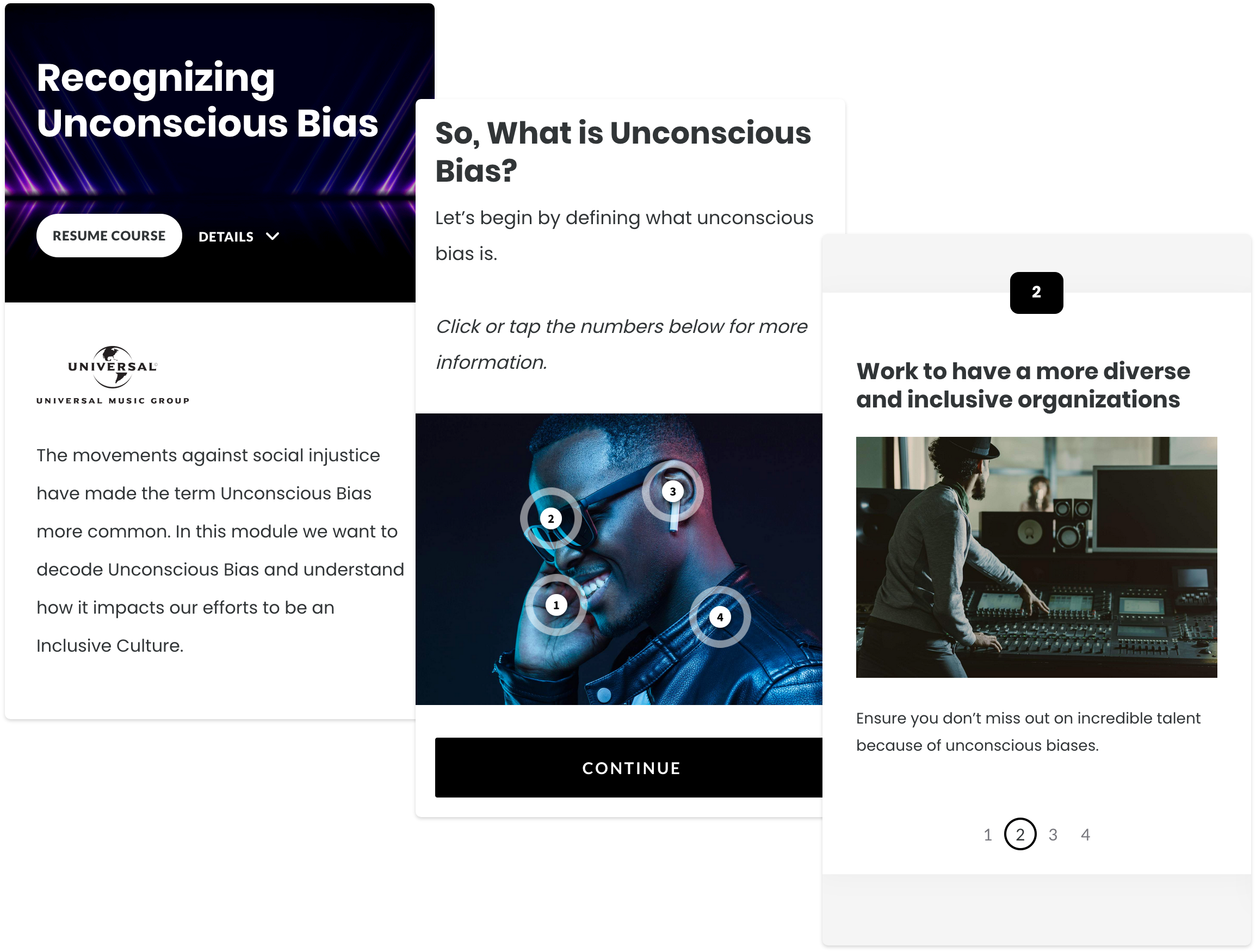Three screenshots of a universal music group mobile elearning course.