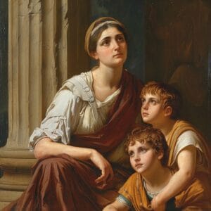 Classical painting or sculpture of Cornelia Africana with her sons, symbolising maternal influence on Roman education and civic values.